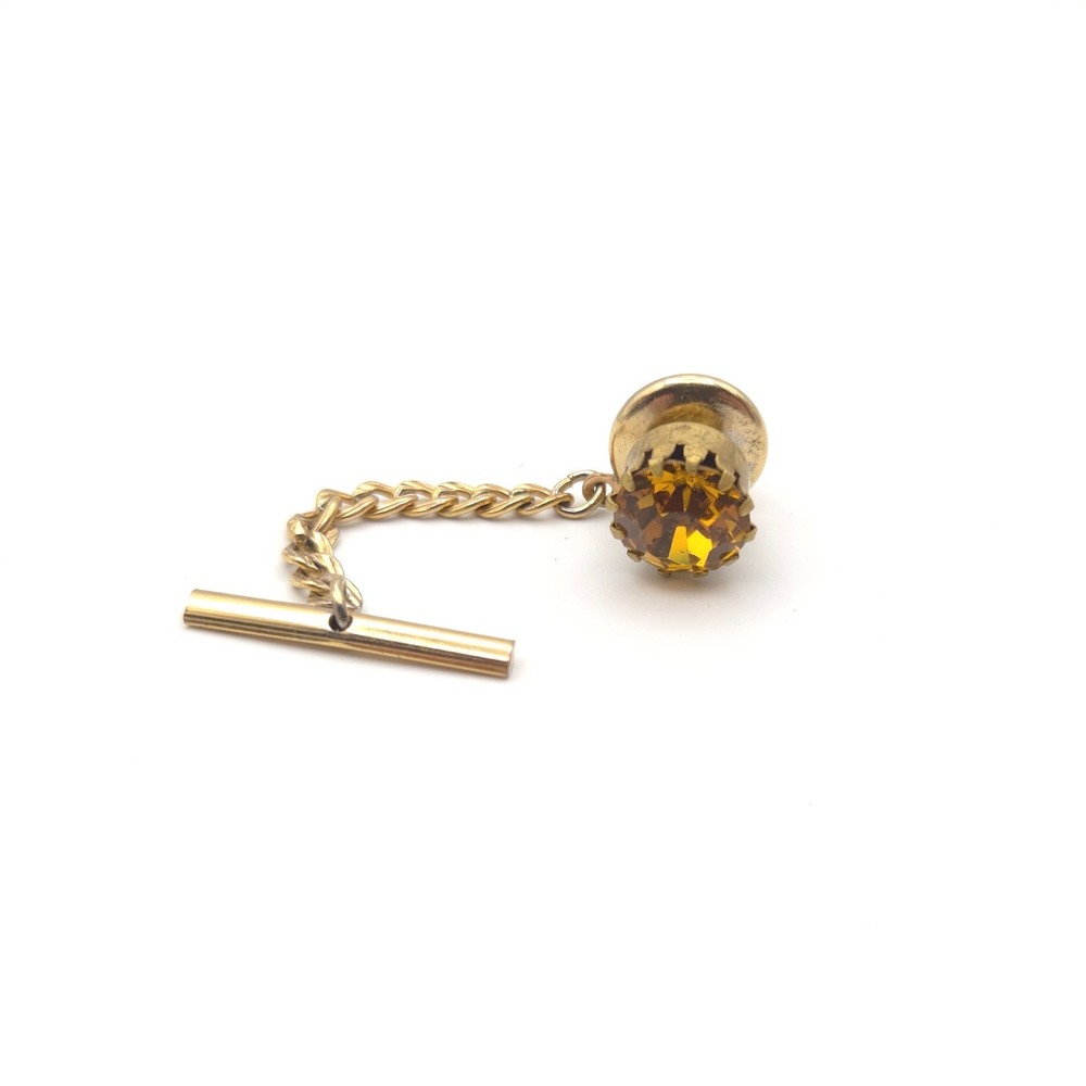 Vintage Gold Tone Amber Rhinestone Tie Tack with Security Chain and T-Bar Pin